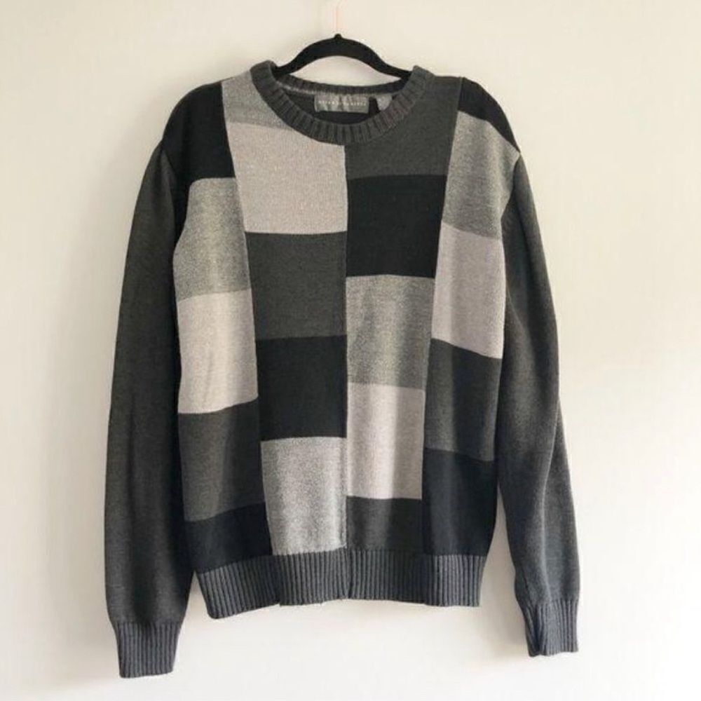 Oscar De La Renta Gray Color Block Crew Neck Long Sleeved Sweater Men's XL